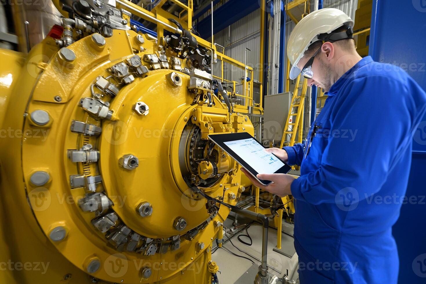 A man in a blue uniform is using a tablet photo