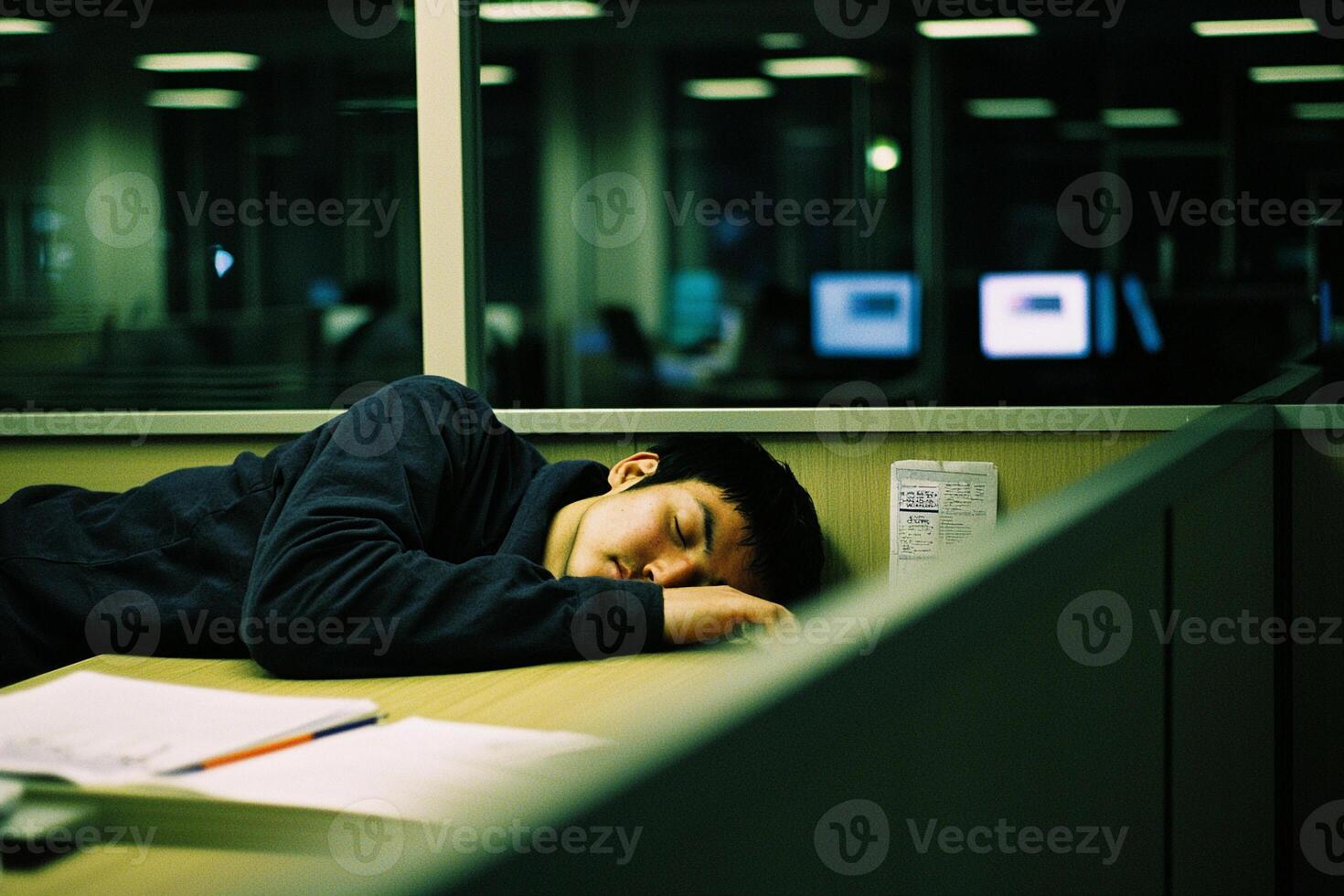 A man sleeping on a desk photo