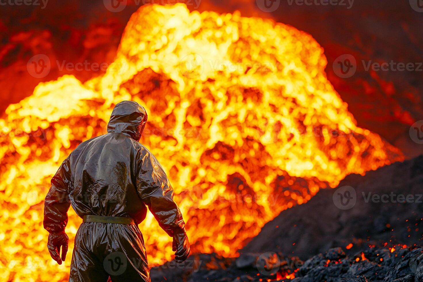 A man in a protective suit standing in front of a large pile of lava photo