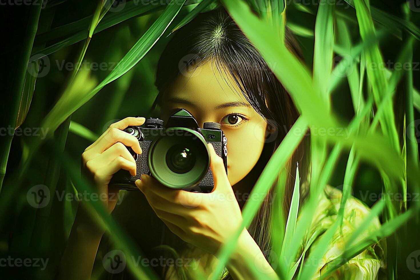 A woman taking a photo in the grass