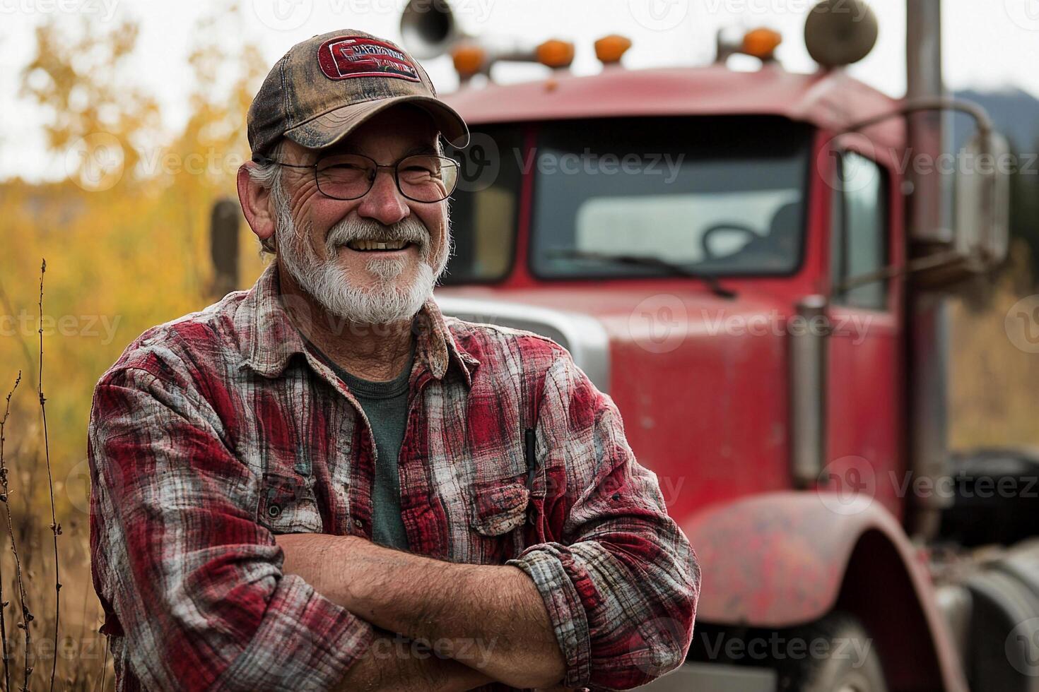 A man with a beard and glasses standing in front of a red truck photo