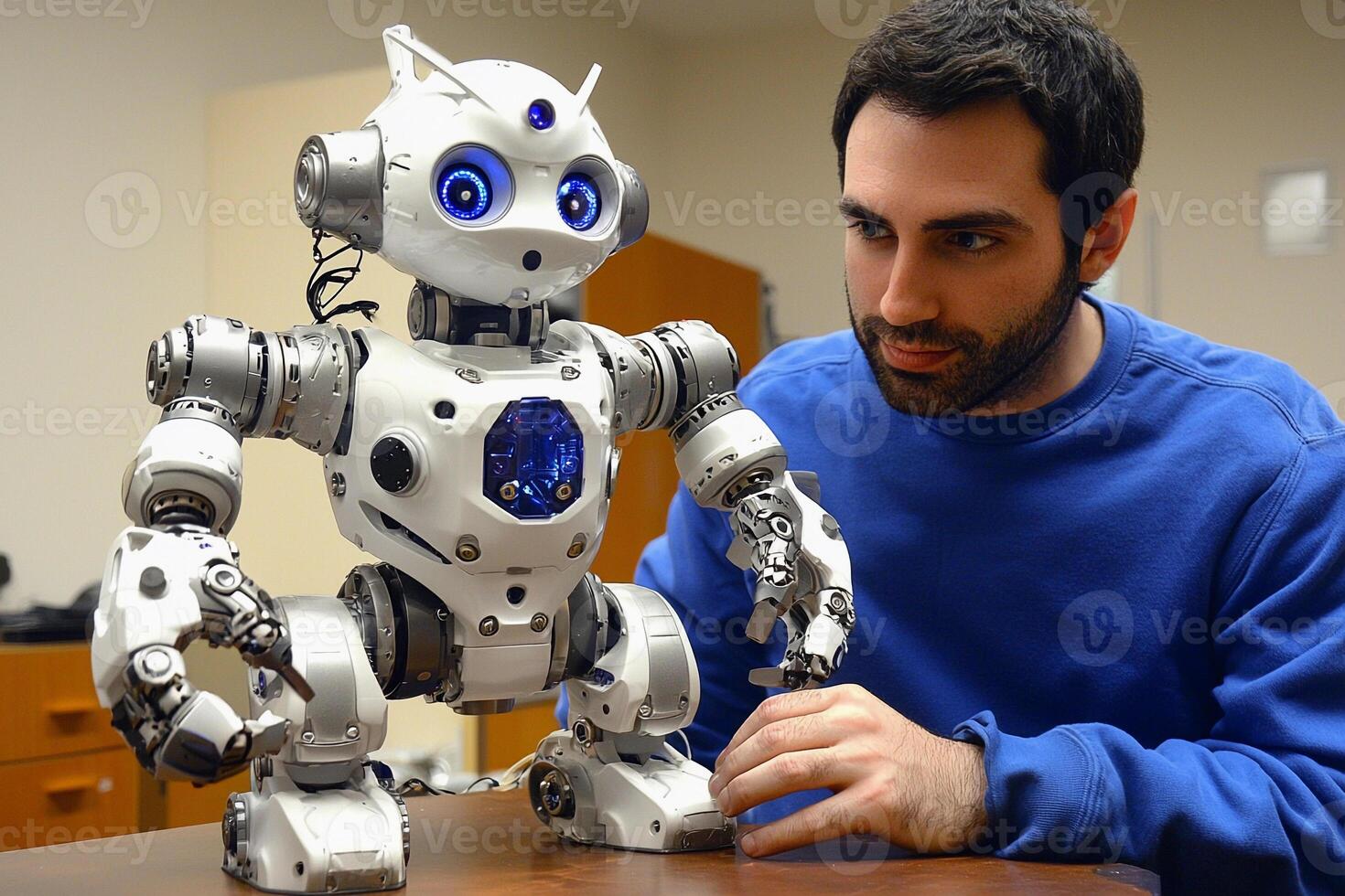 A man sitting at a table with a robot on his lap photo