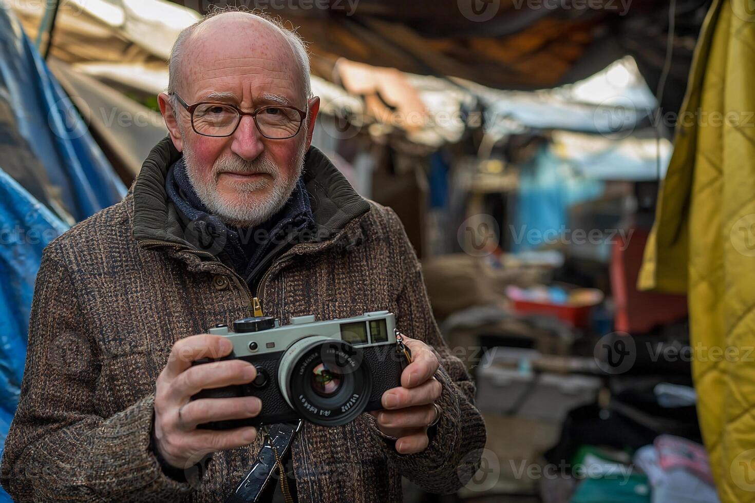 An older man holding a camera in front of tents photo