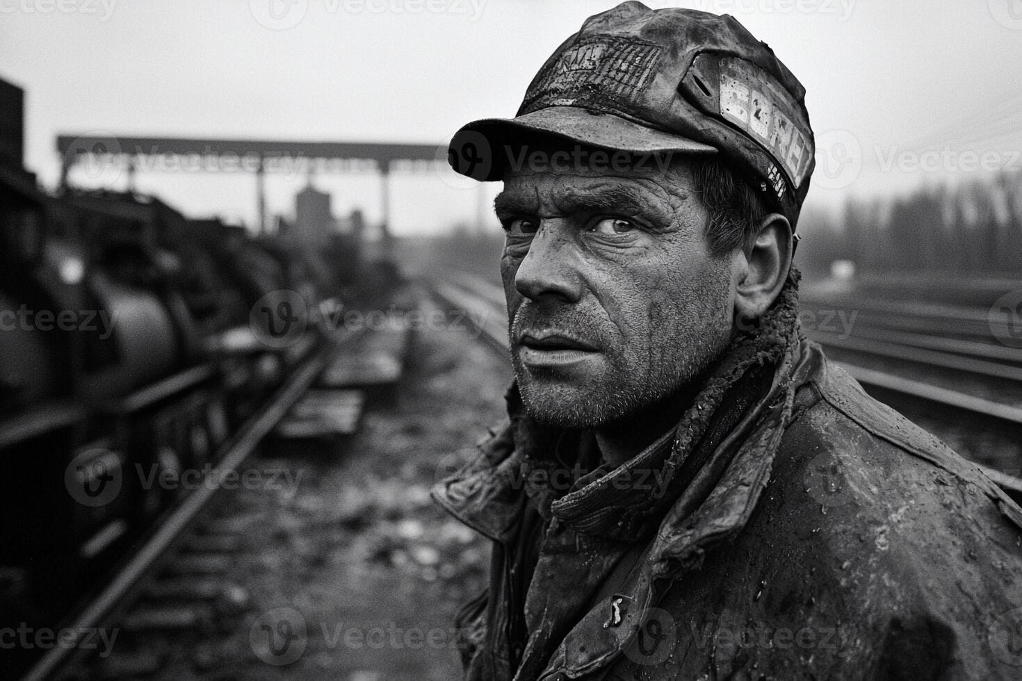 A man in a dirty hat stands in front of a train photo