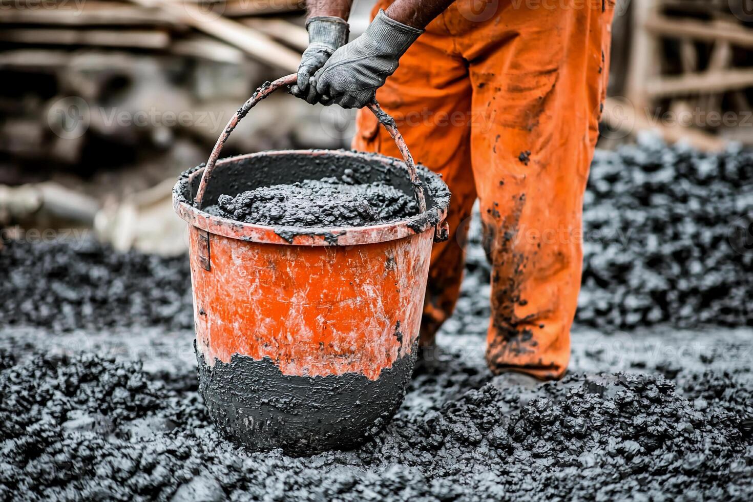 A man in orange overalls is holding a bucket of cement photo