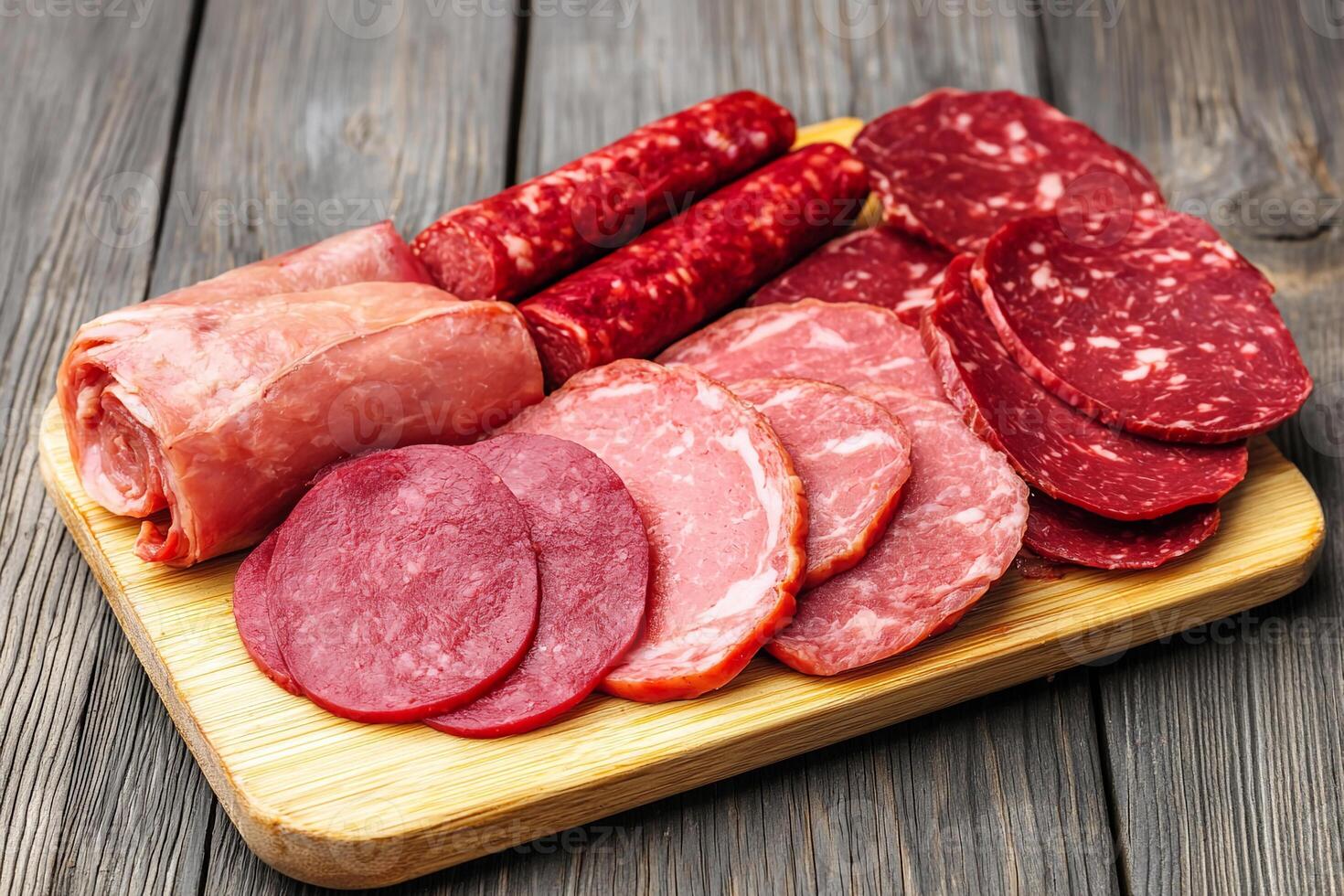 A cutting board with various meats on it photo