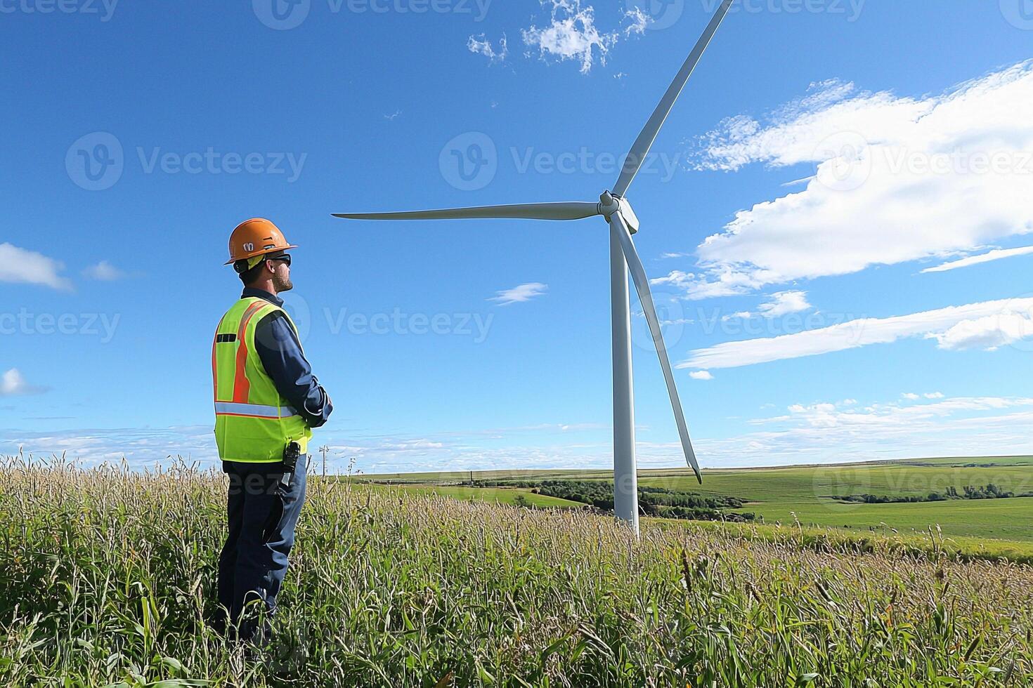 A man in a hard hat standing in a field next to a wind turbine photo