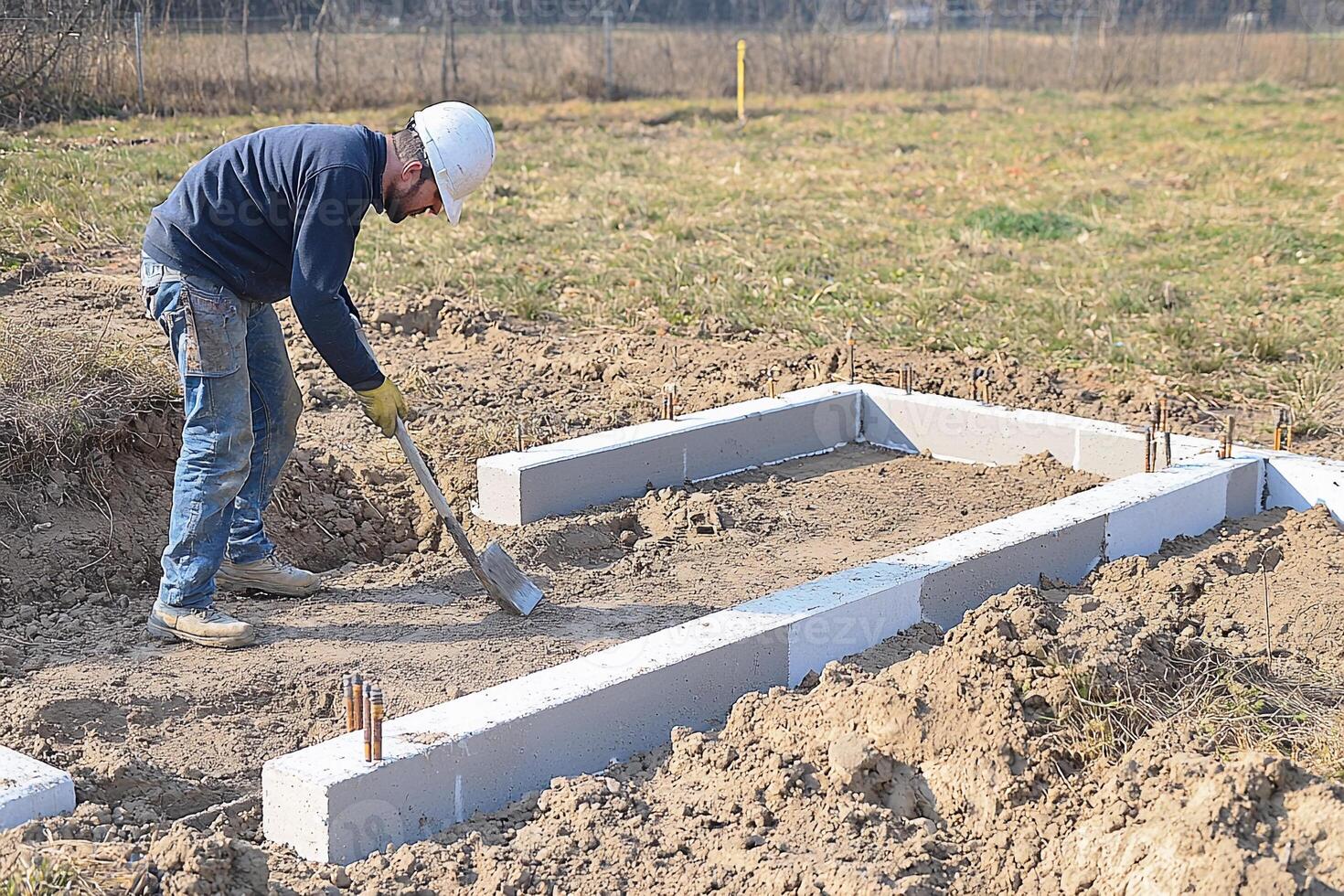 A man is building a concrete block foundation photo