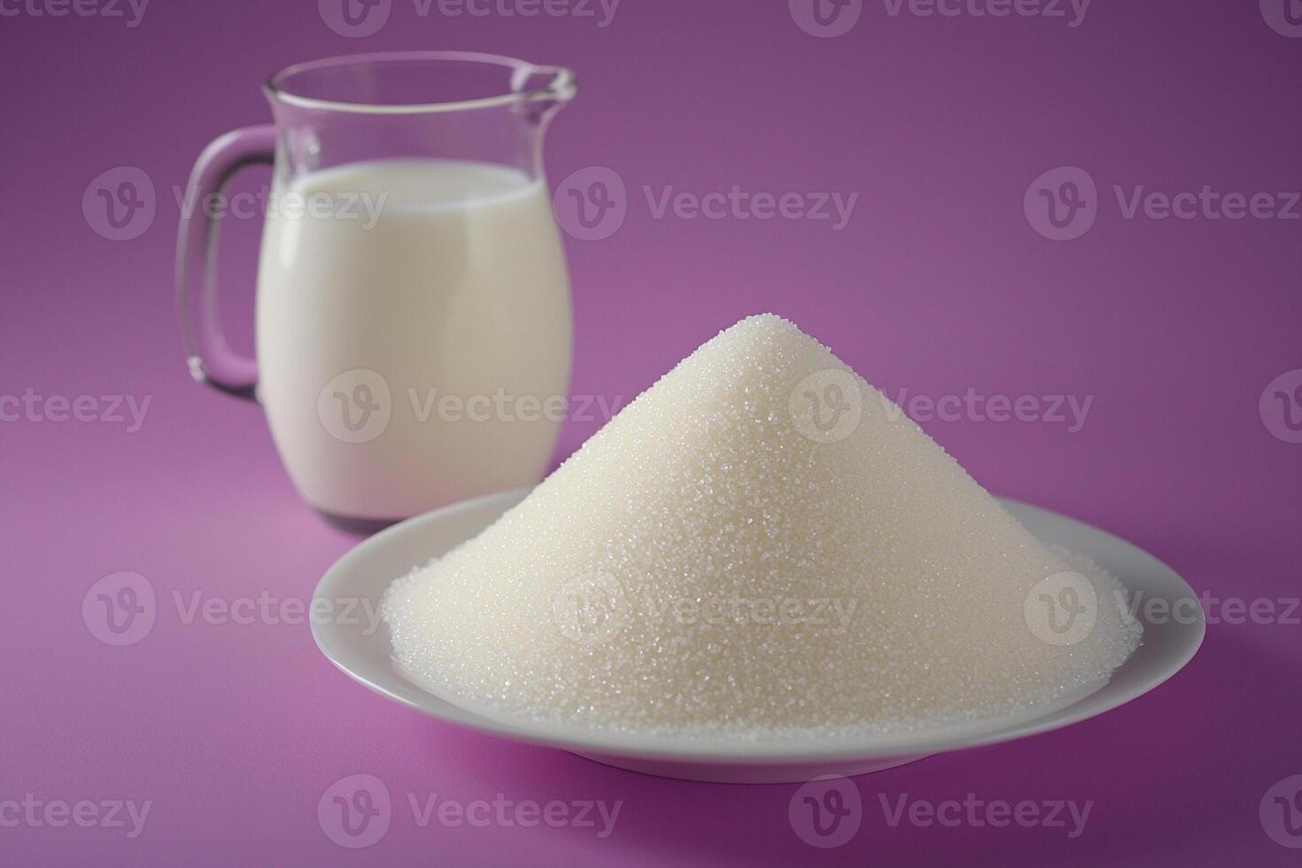 A white plate with sugar and a jug of milk photo