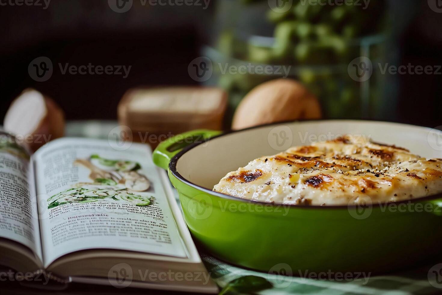 Chicken breast in a green casserole dish with an open book photo