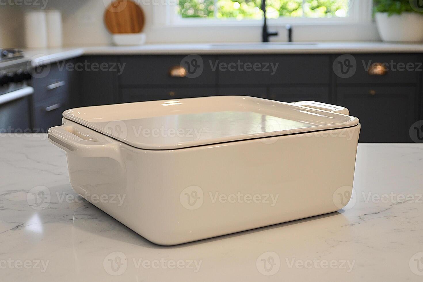 A white square casserole dish sitting on a counter photo