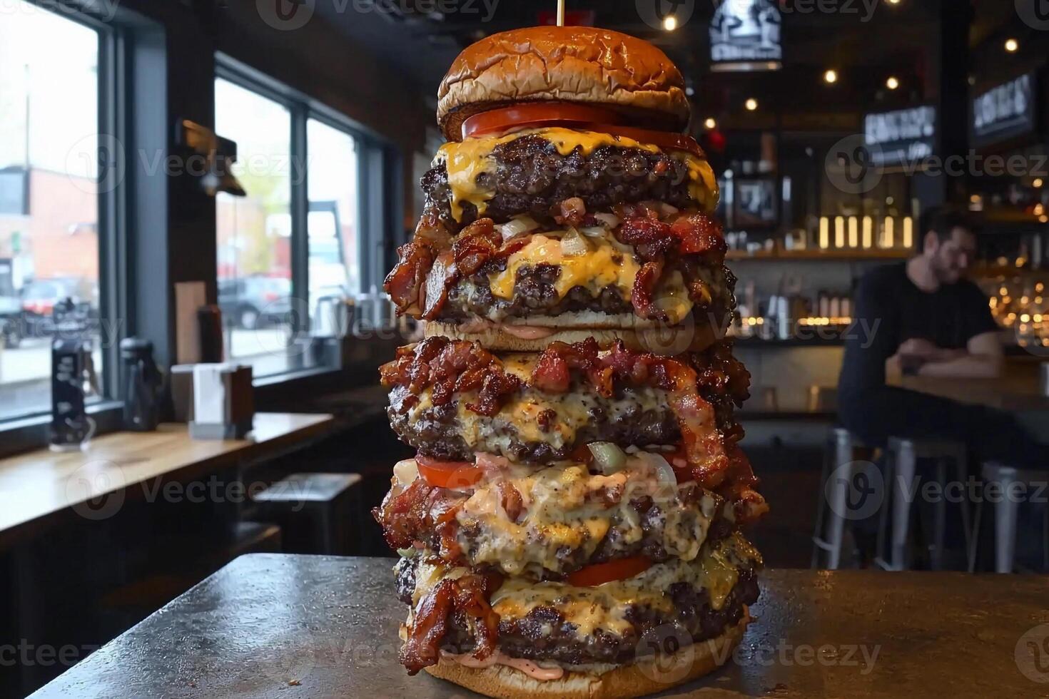A large stack of cheeseburgers sitting on top of a table photo