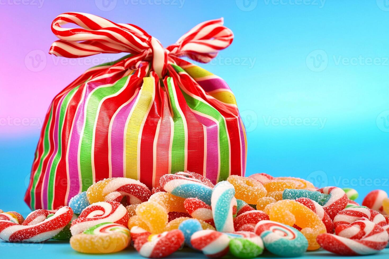 Colorful candy in a bag on a blue background photo