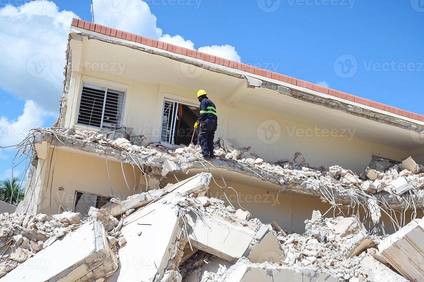 A man standing on the edge of a building that has been destroyed photo