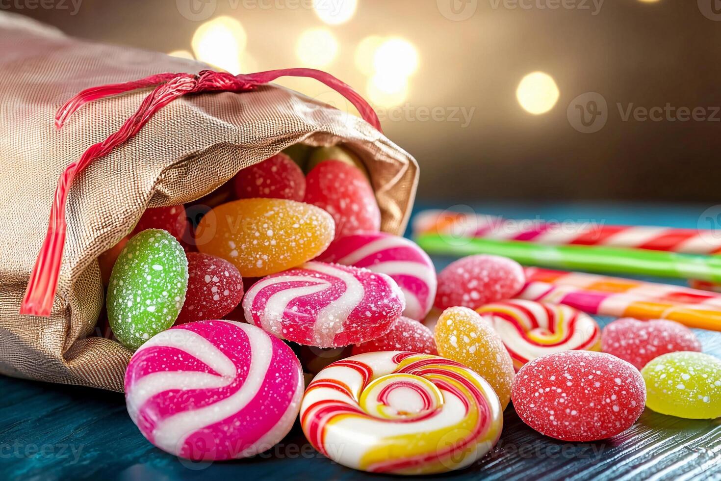 A bag filled with candy and candies on a table photo