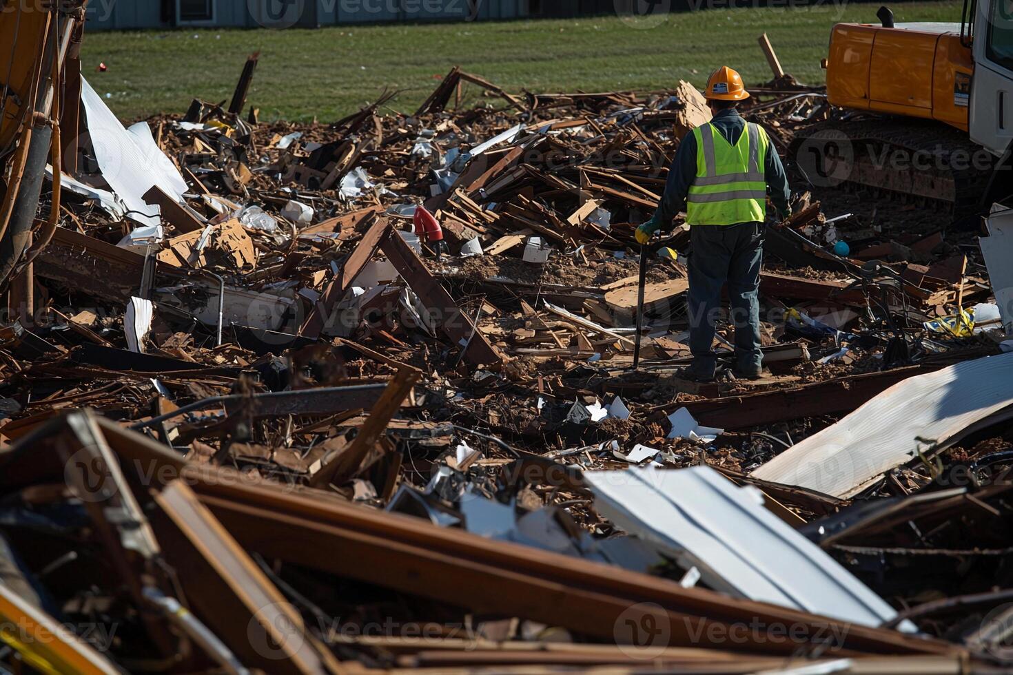A construction worker stands in the rubble of a building photo