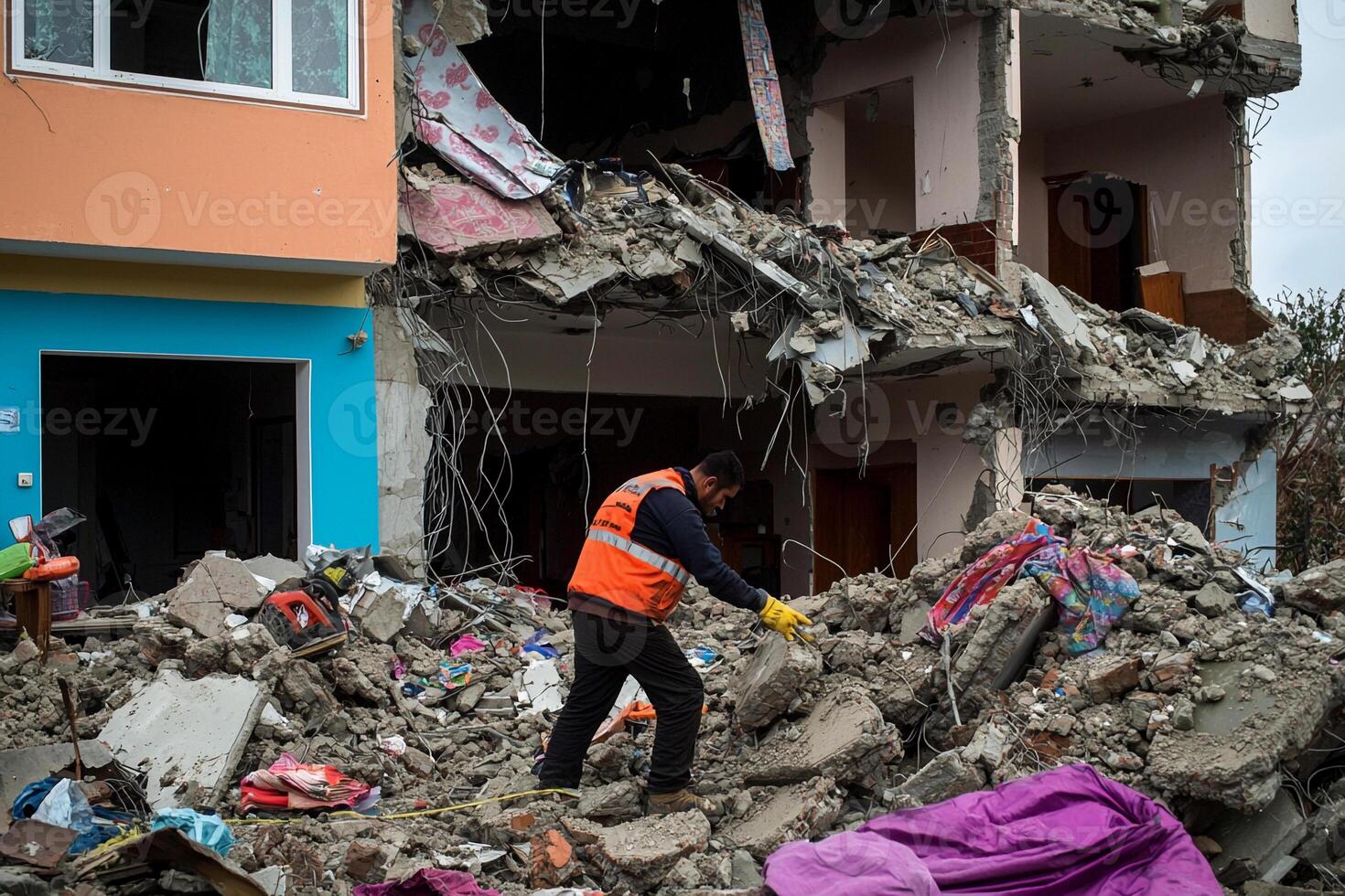 A man in an orange vest is standing in rubble photo