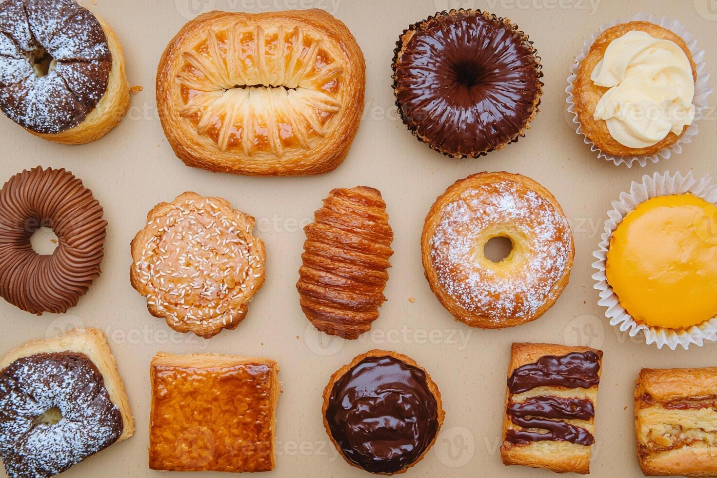 A variety of pastries are arranged in a circle photo