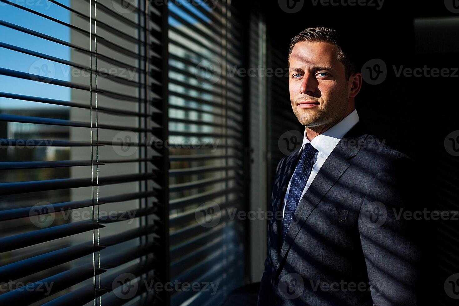 A man in a suit and tie standing in front of blinds photo