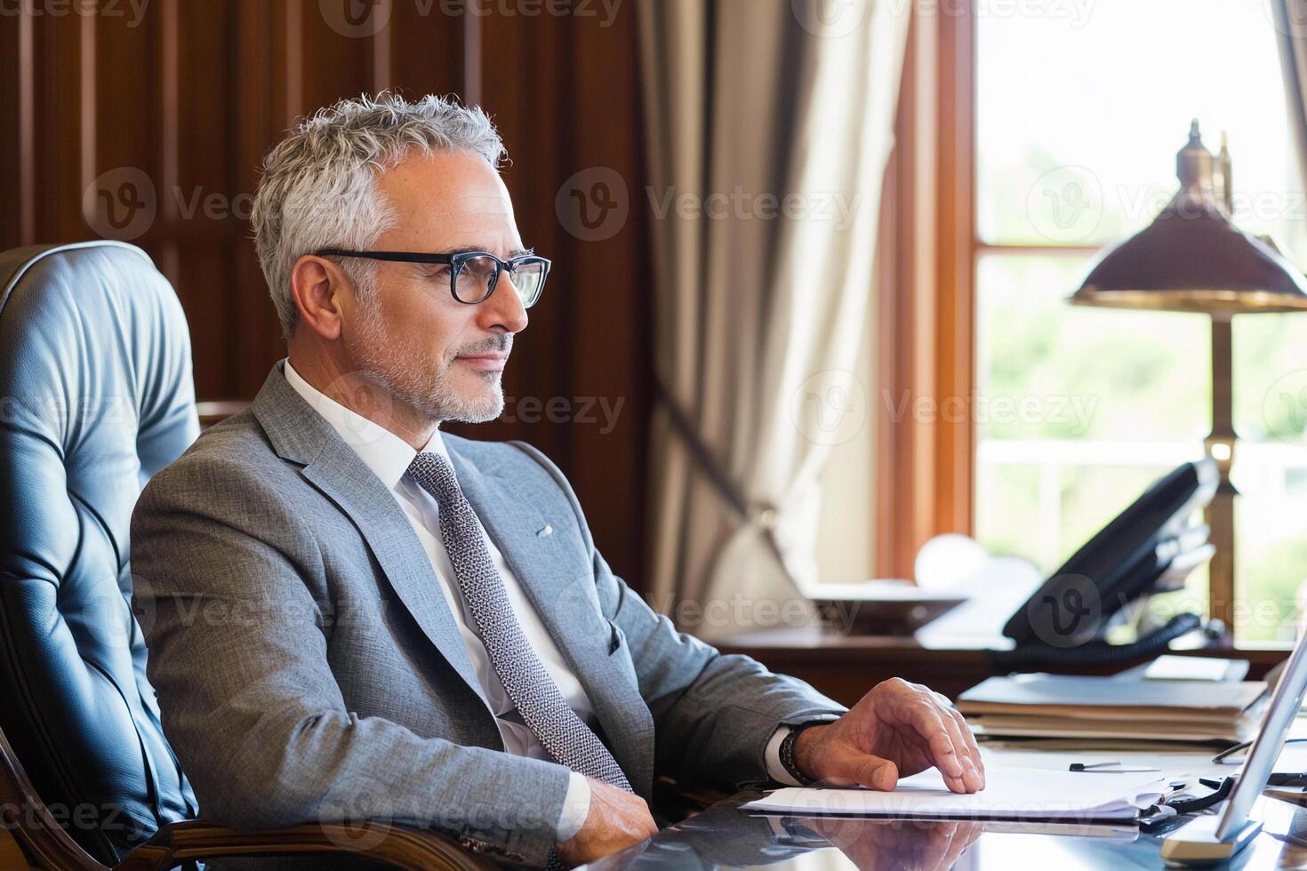 A man in a suit and glasses sitting at a desk photo