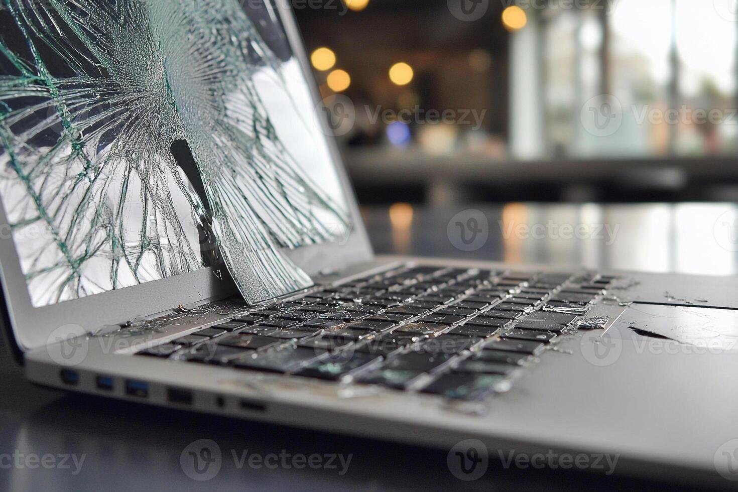 A laptop with a broken screen is sitting on a table photo