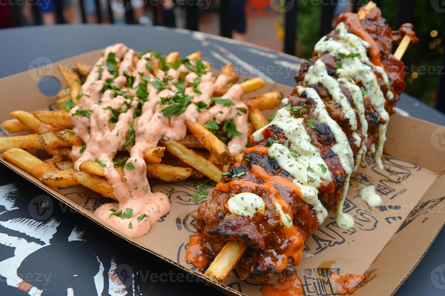 A tray with a burger and fries on it photo