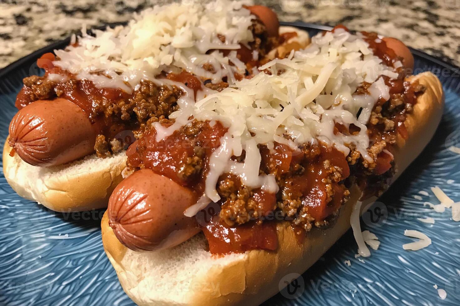 Two hot dogs with cheese and chili on a blue plate photo