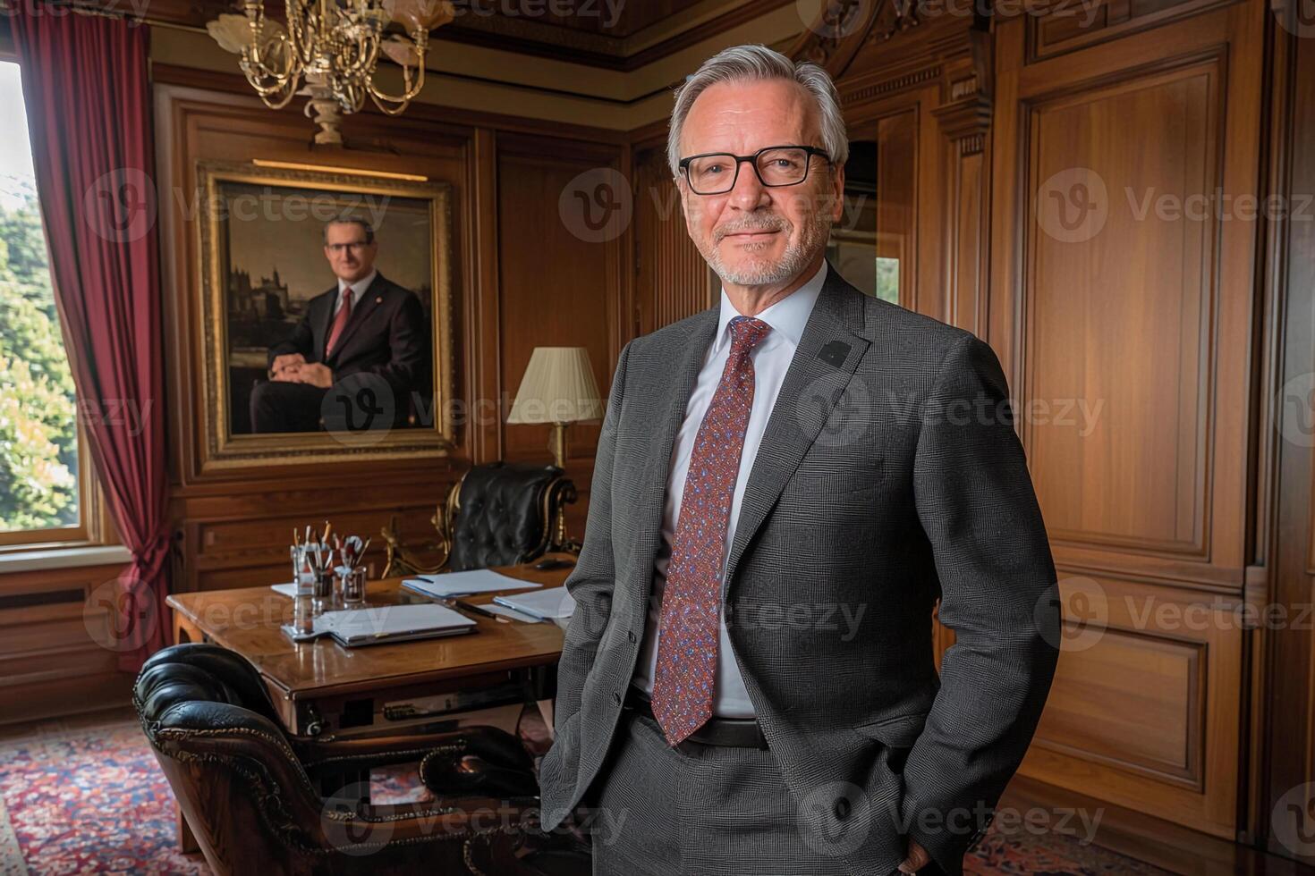 A man in a suit and tie standing in front of a desk photo
