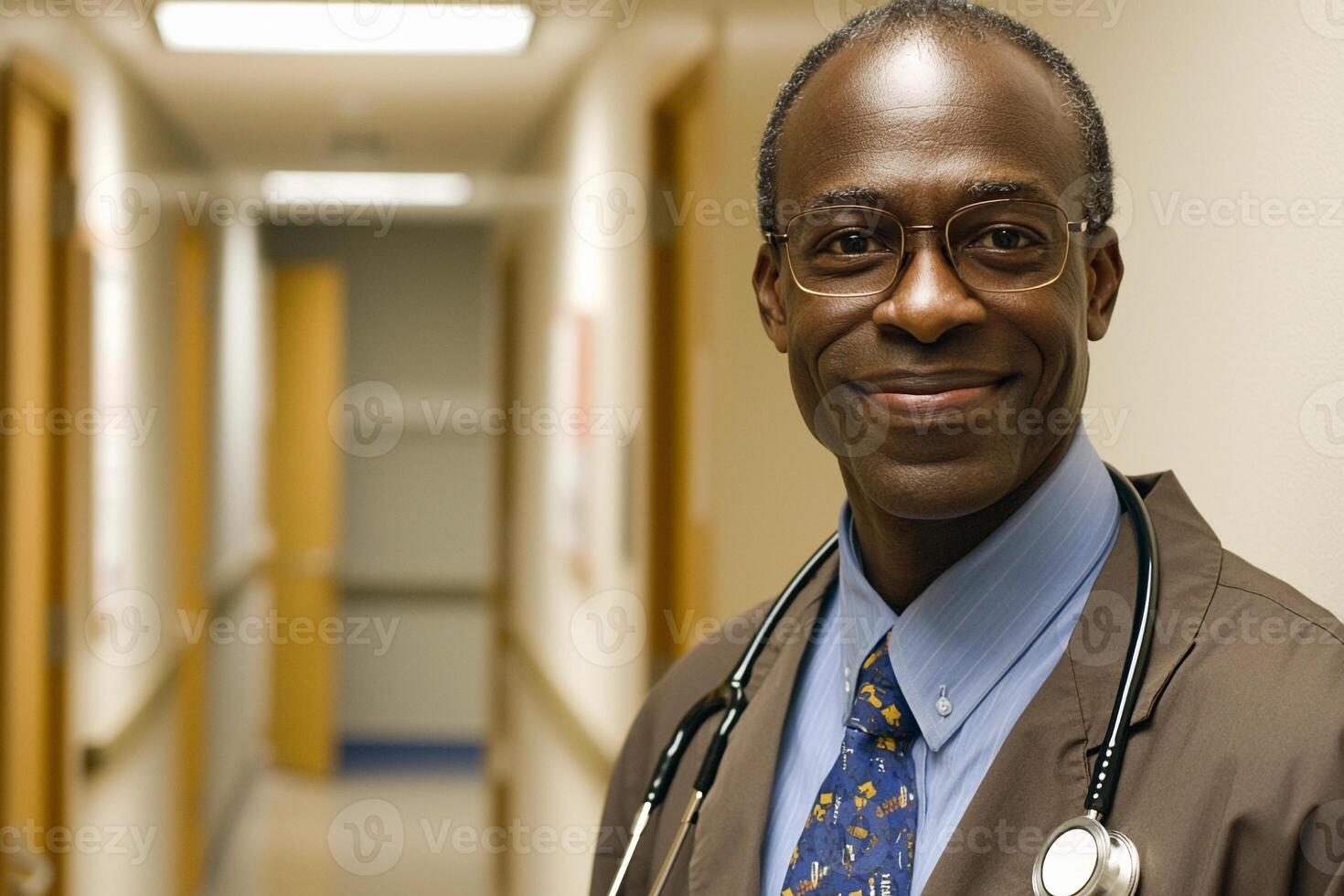 A smiling black man in a doctor's coat photo