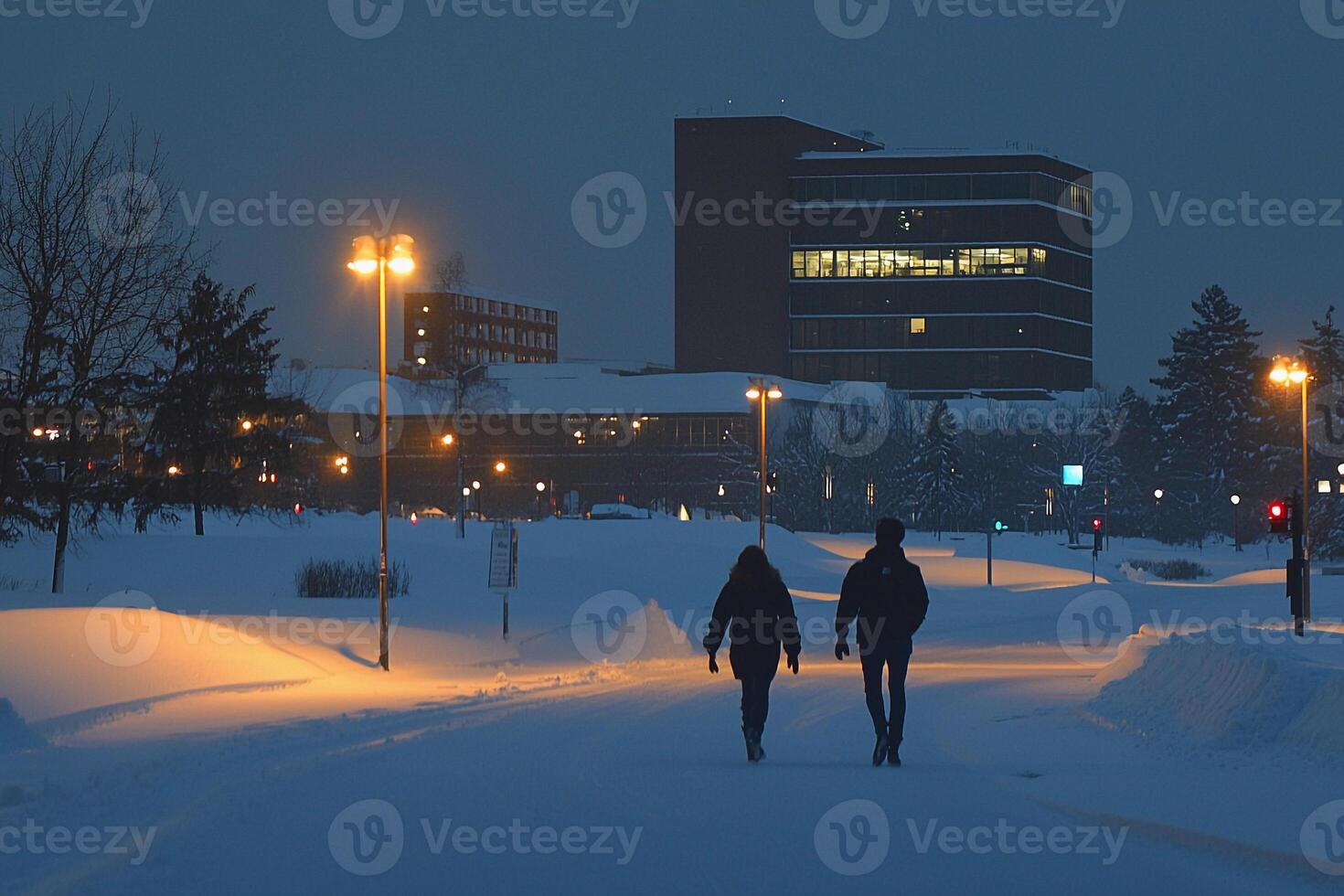 Two people walking in the snow photo