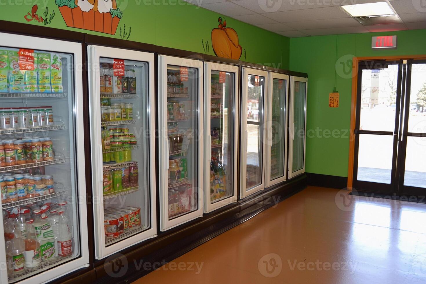 A refrigerator filled with food and drinks in a room photo
