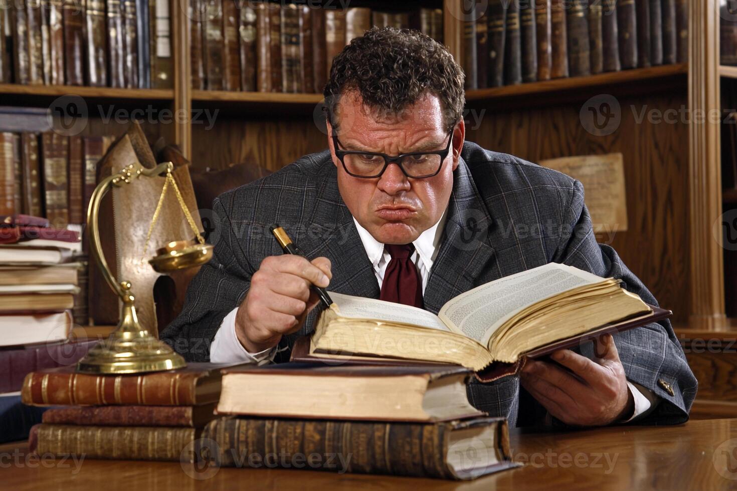 A man in a suit and tie sitting at a desk with a book and a scale photo