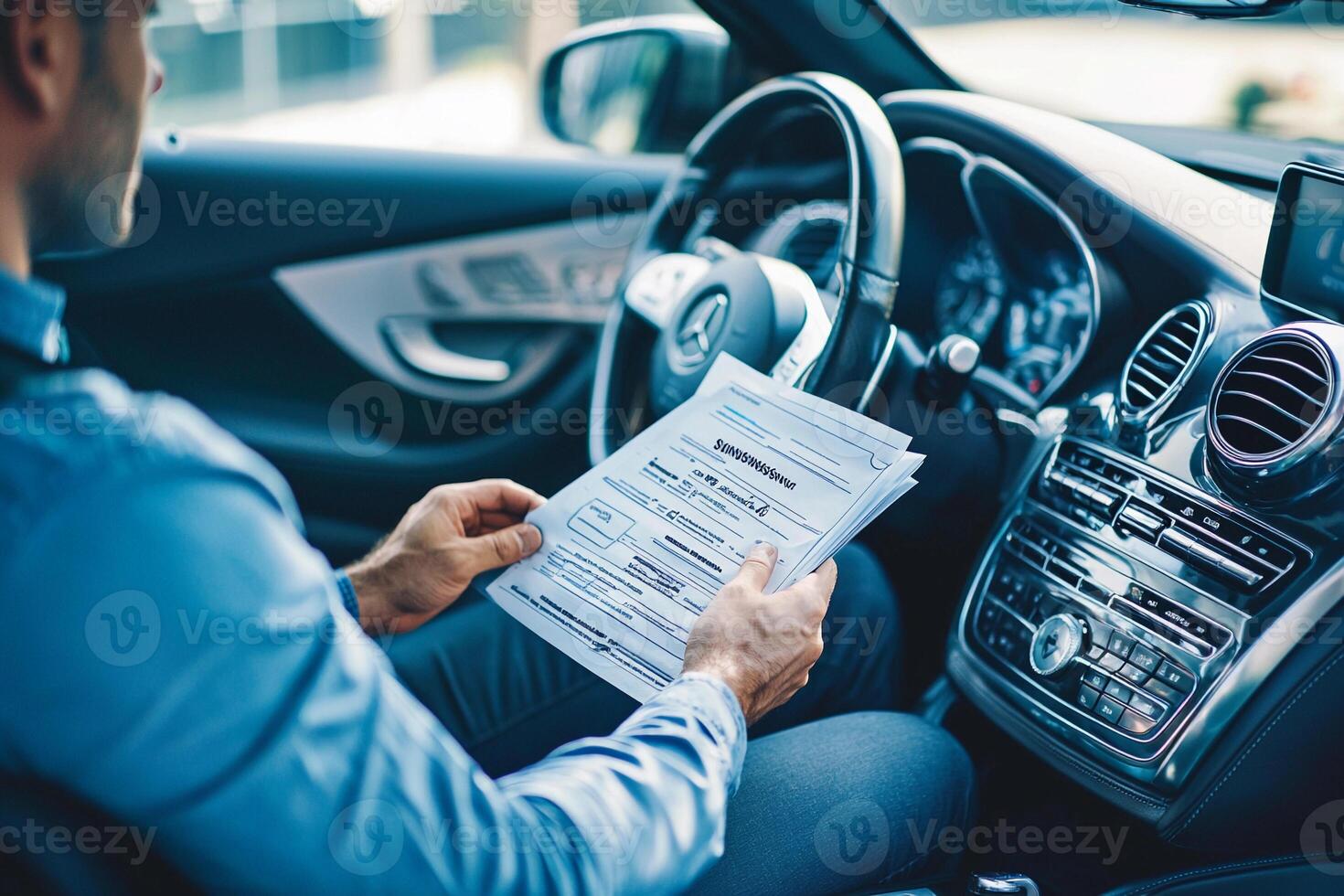 A man is reading a document while driving a car photo