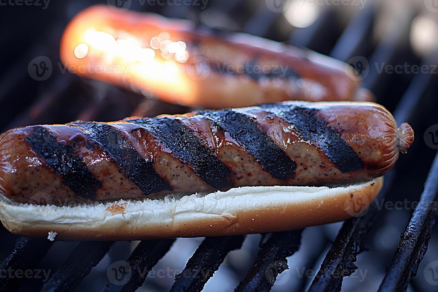 Two hot dogs on a grill photo