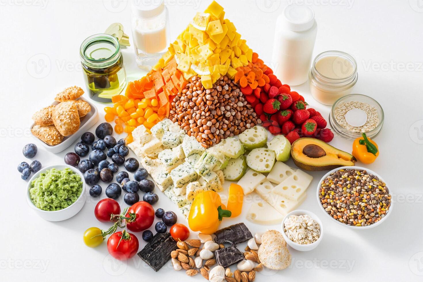 A pyramid of different foods including fruits, vegetables, nuts, and dairy photo