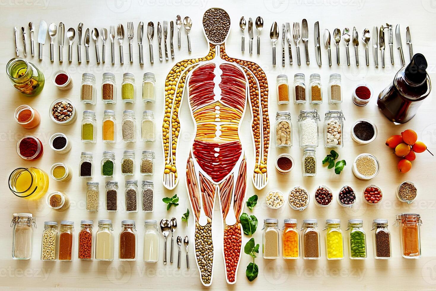 A man's body is surrounded by a variety of spices and spices photo
