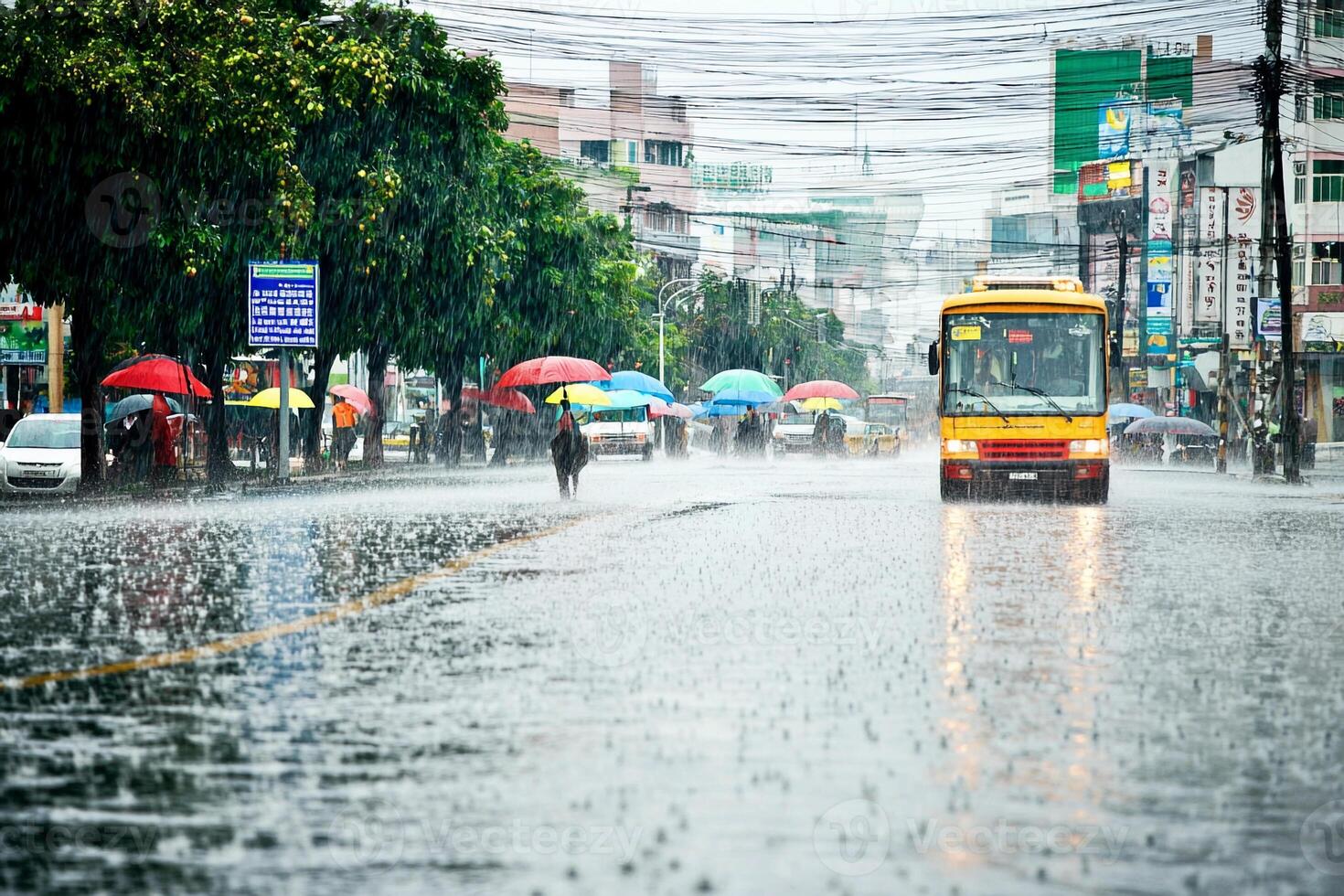A street with a yellow bus and people walking in the rain photo