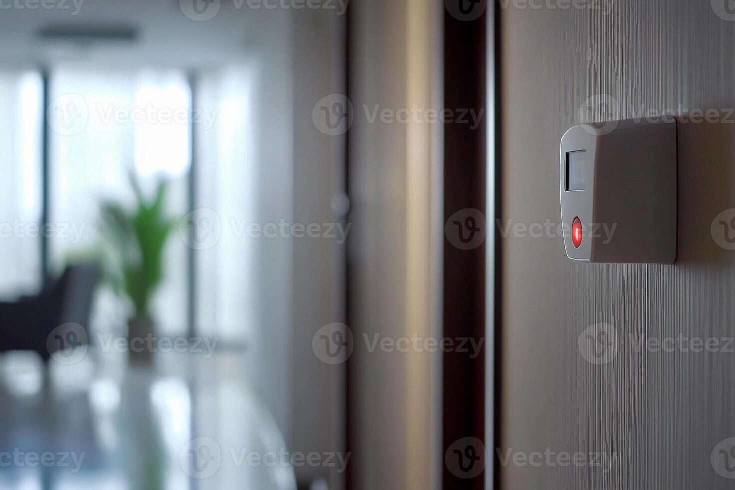A white electronic alarm is mounted on the wall photo