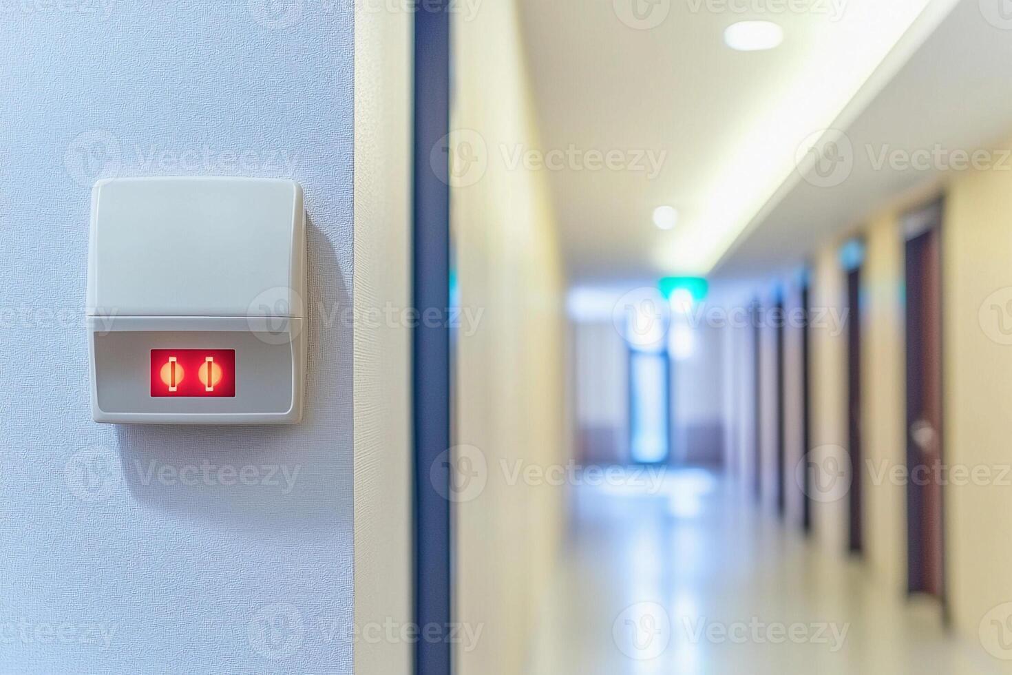 A white alarm button is on the wall of a hallway photo