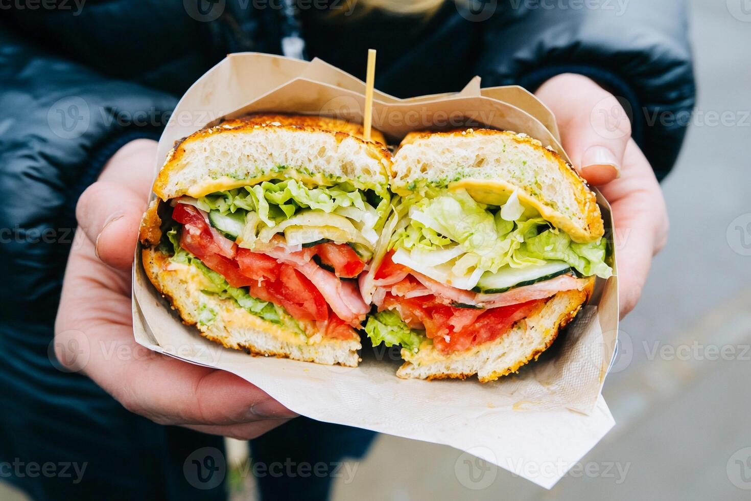 A person holding a sandwich with lettuce, tomatoes, and cheese photo