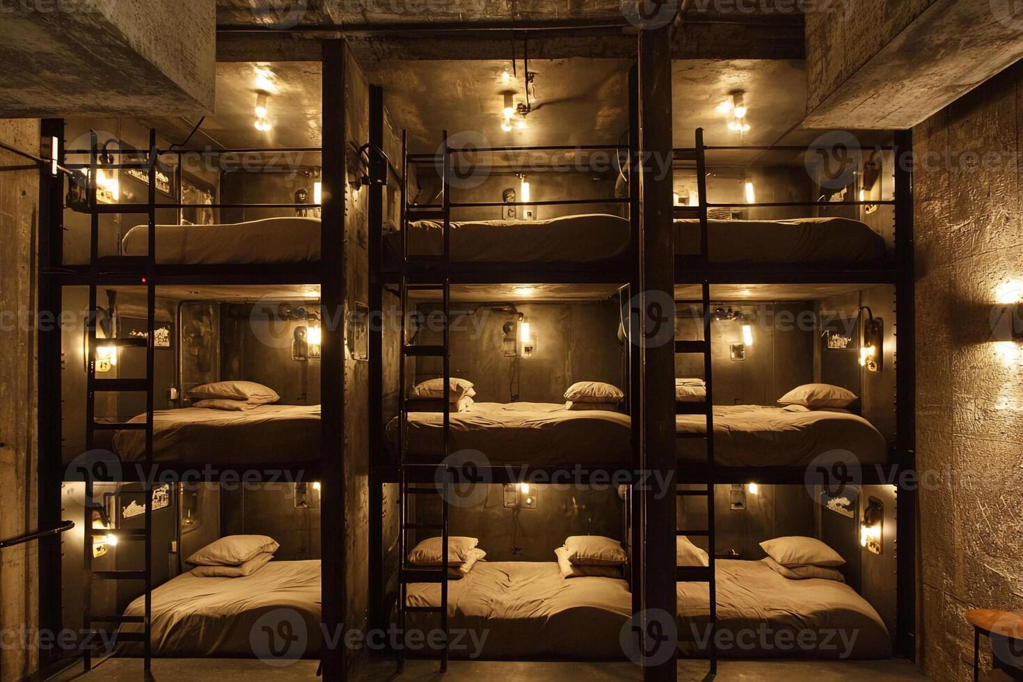 A room with bunk beds and lights photo