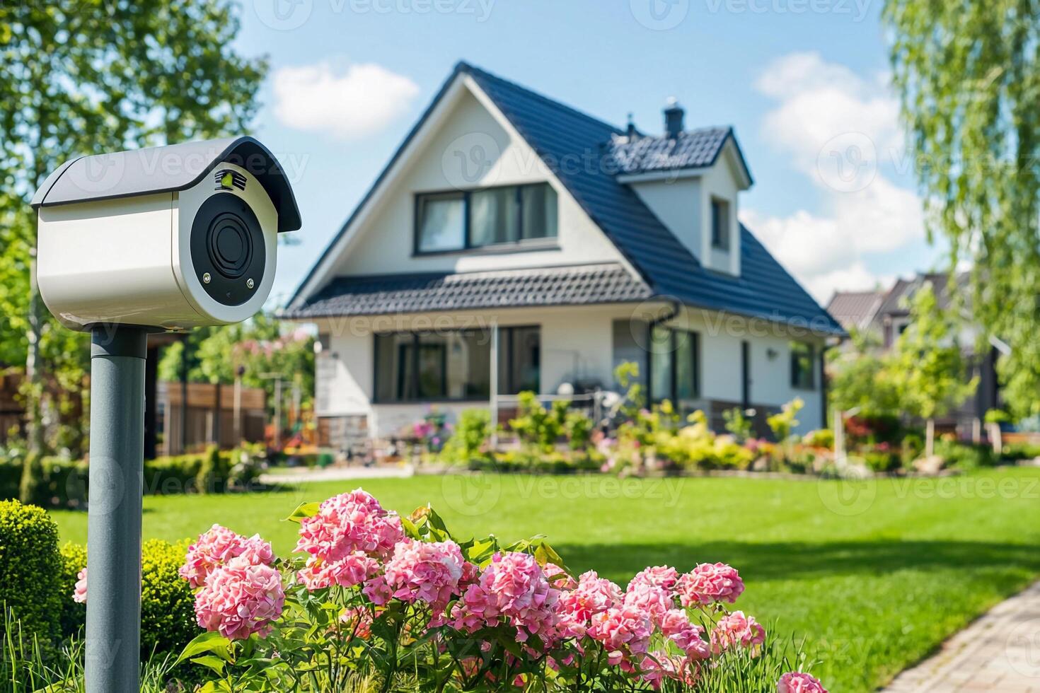 A security camera is in front of a house photo