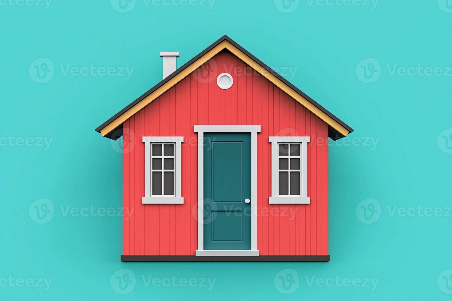 A small red house with a green door photo