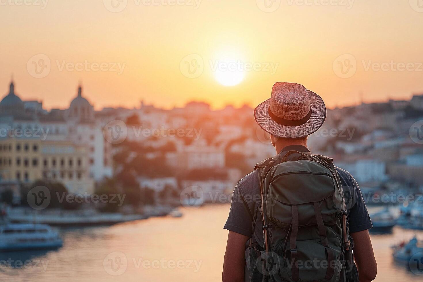 A man with a backpack and hat looking at the sunset photo