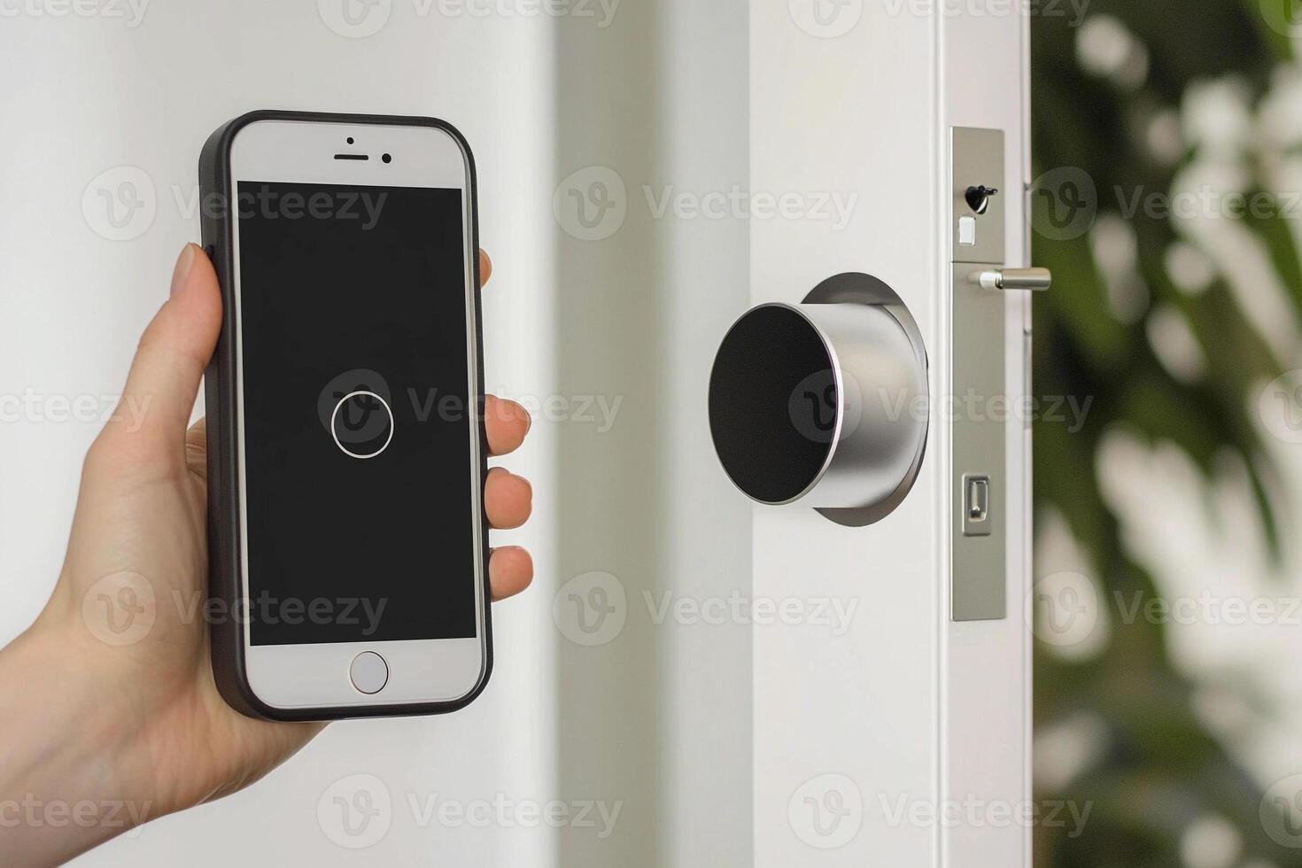 A person holding a smart phone next to a door photo