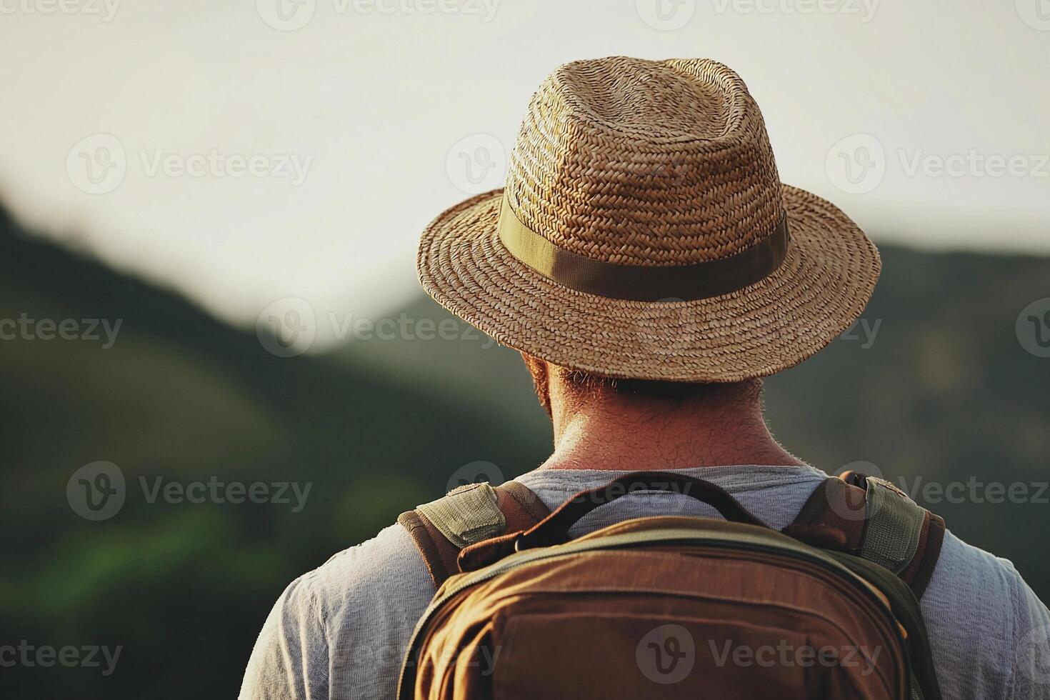 A man with a hat and backpack looking at the mountains photo