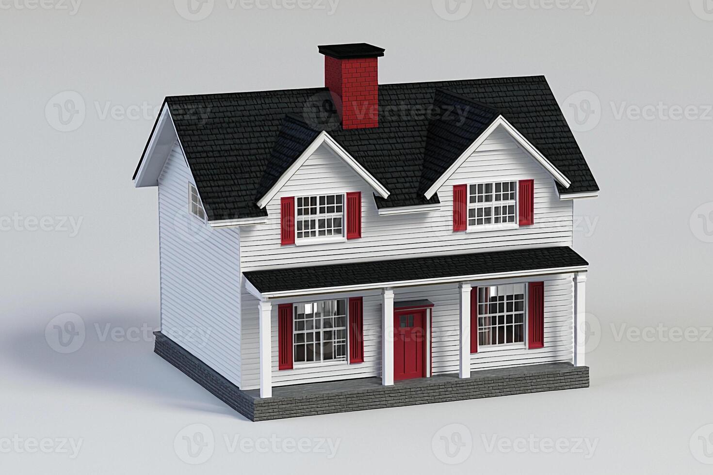 A small house with red trim and white siding photo