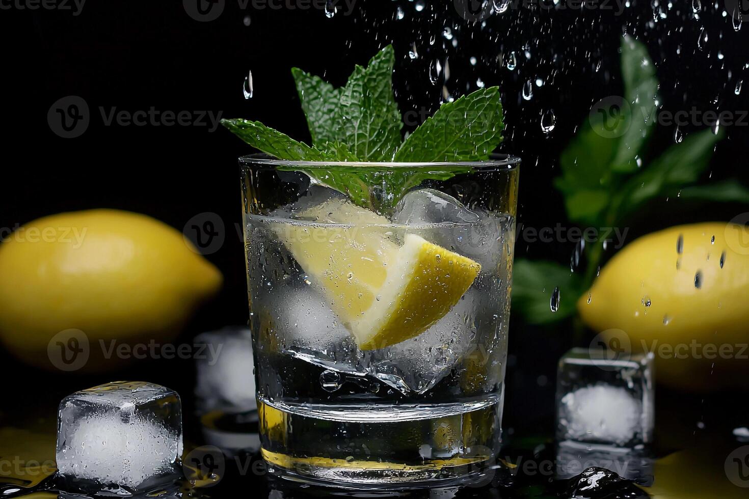 A glass of water with lemon slices and ice cubes photo