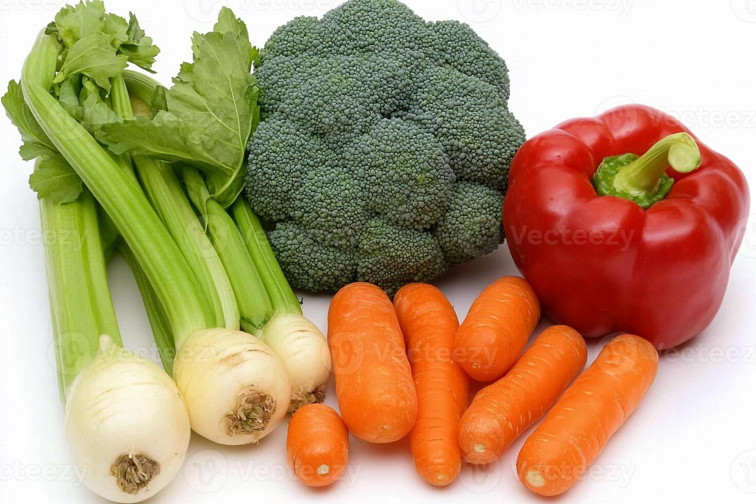 A group of vegetables including broccoli, carrots, and peppers photo