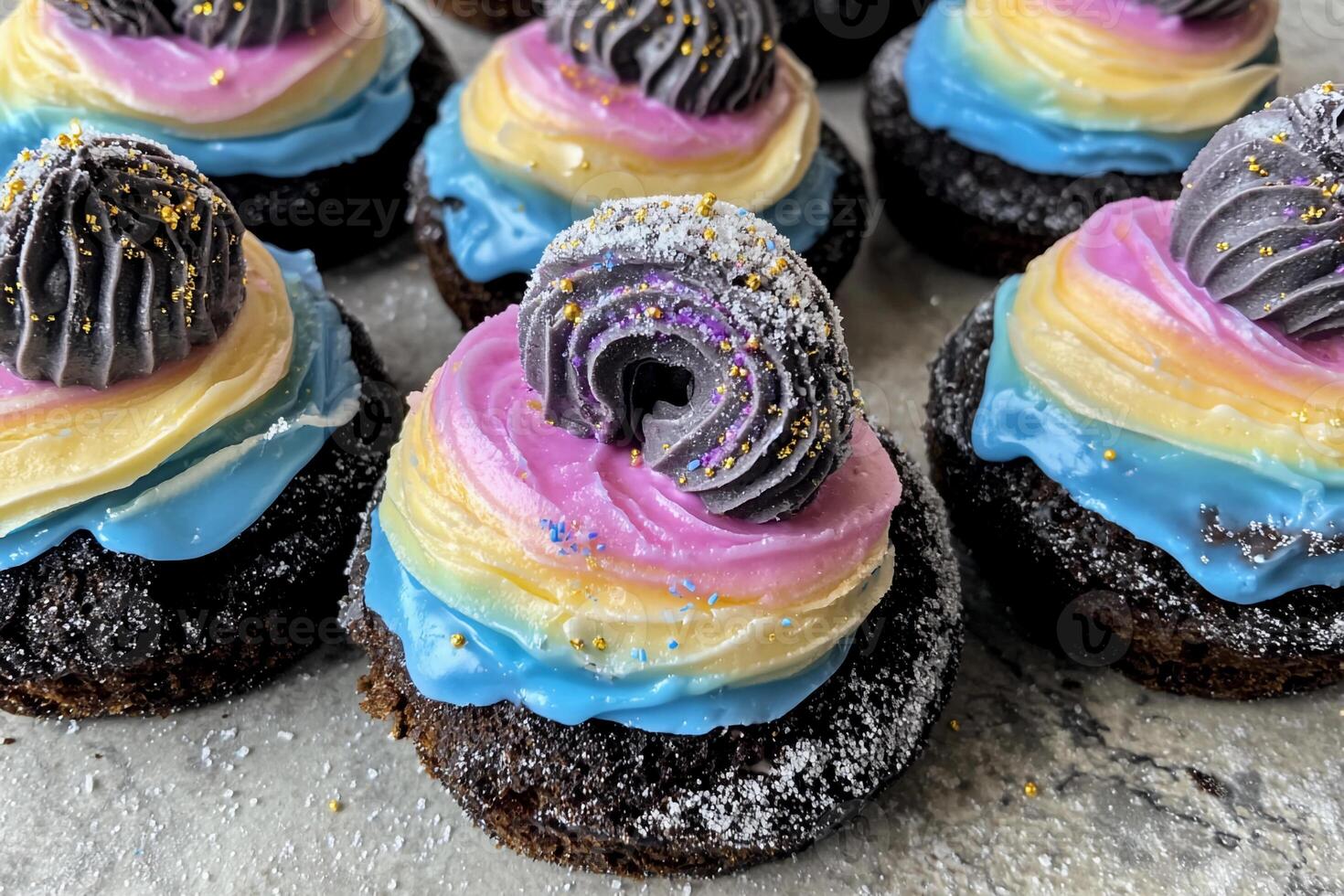 Chocolate cupcakes with rainbow frosting photo